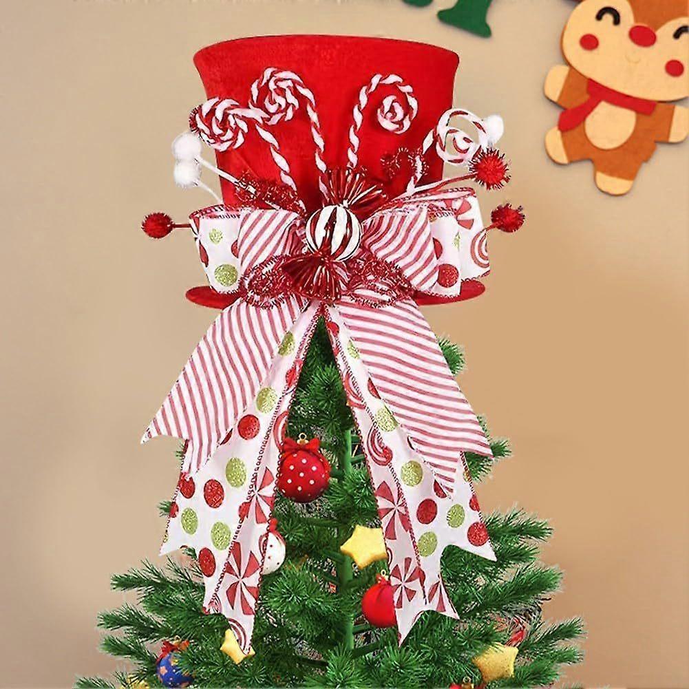 Festival Tree Topper - Xmastree Top Hat With Candy Cane And Striped Bow Ribbon