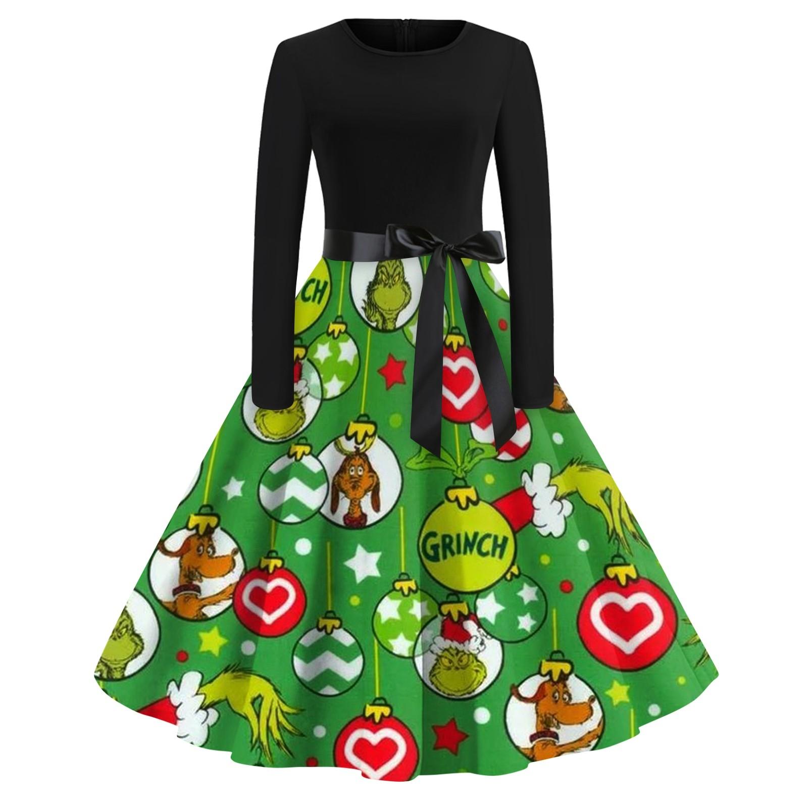 

Жіноча повсякденна різдвяна принтована велика широка сукня з довгими рукавами і круглим вирізом. Приталена сукня XXL