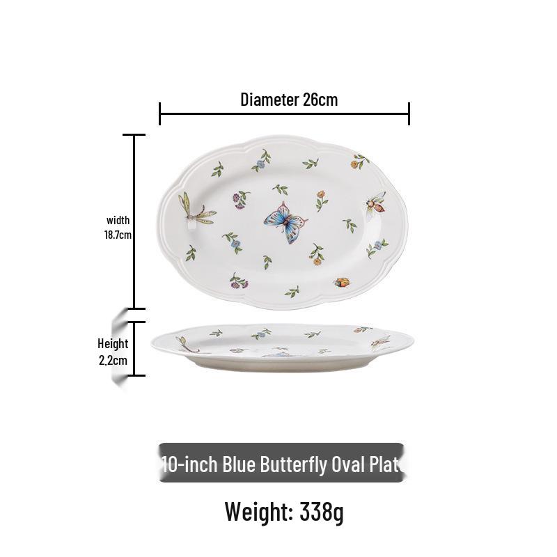 Vintage Dragonfly & Butterfly Ceramic Tableware Set: Dish, Bowl, Plate, Fish Plate, Deep Plate, Noodle Bowl