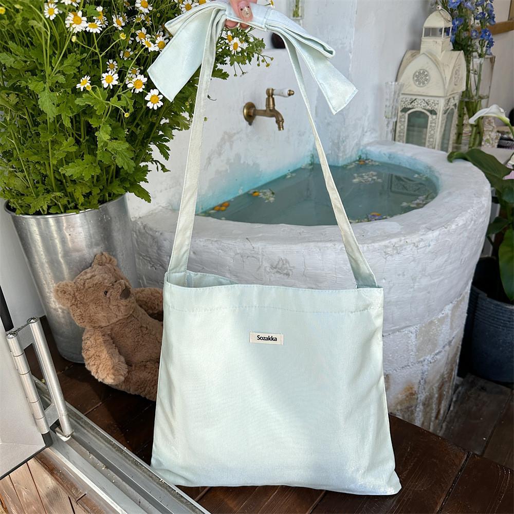 Trendy Soft Tote Bag With Bow For Women 2024 Everyday Use Pink Green Beige