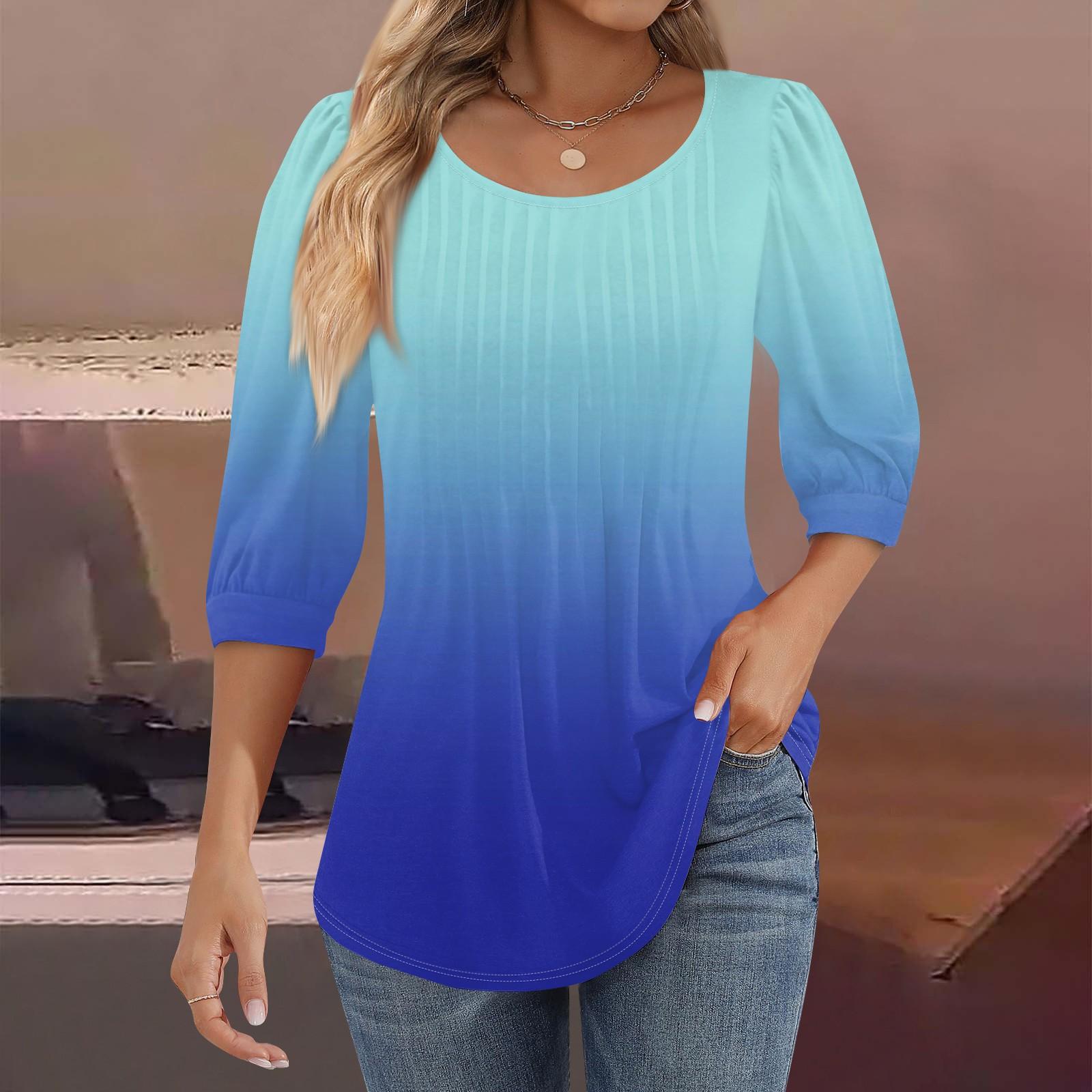 

Женские туники с пышными рукавами 3/4, топы, плиссированные блузки с воротником, повседневные свободные весенне-летние футболки XXL синий
