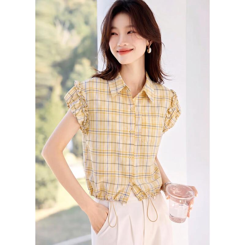 TERRE BLEUE Women s Plaid Short-Sleeve Shirt M