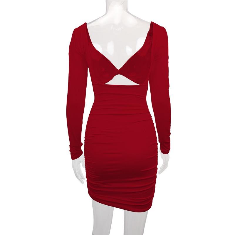 Autumn and Winter Women's V-neck Hollow Pleated Dress