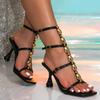 Women Sandal Summer Fashion Sexy Gold Black Stone Ankle Strap Open Toe Square Head Women Stiletto High Heels Banquet Party Shoes