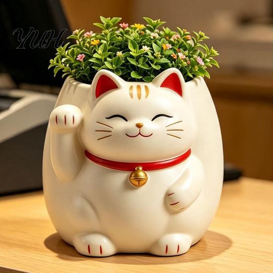 Resin Flower Pot for Indoor Plants Cute Fortune Cat Planter, Beckoning Kitty Pot, Auspicious Home Decor Living Room Cartoon Plant Succulents,