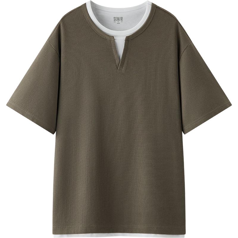 Semir Men's Waffle Knit Color Block Faux Layer Short Sleeve T-Shirt