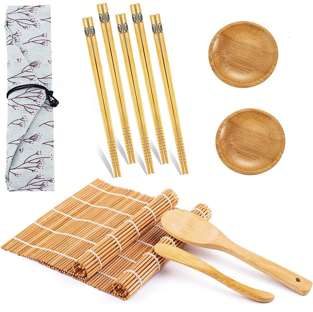 1set DIY Bamboo Sushi Maker Multifunctional Roll Cooking Tools with Sushi Bazooka Make Bamboo Mats Bamboo Chopsticks