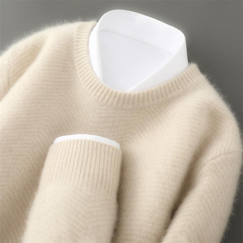 Men's Pure Wool Thick Knit Sweater - Round Neck, High-End Loose Fit, Cashmere Base Layer for Autumn & Winter
