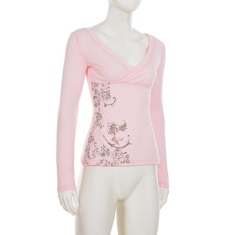 Retro scharfes florales Print V-Ausschnitt Langarm figurbetontes T-Shirt für Damen