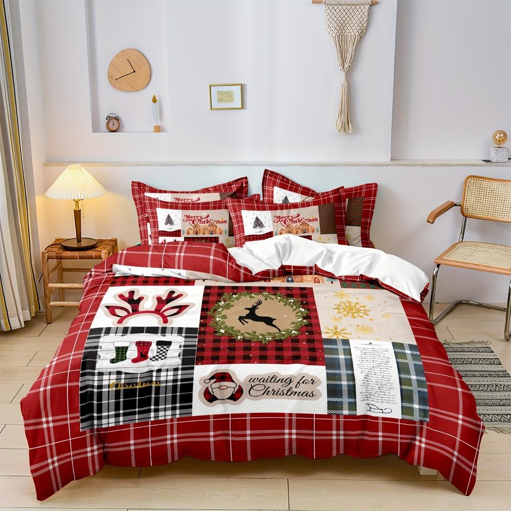 

3pcs Red Bedding Set Marry Christmas Deer Santa Claus Printed Breathable Duvet Cover King Queen Twin Single Size Bedroom Decor EU Single 135x200cm