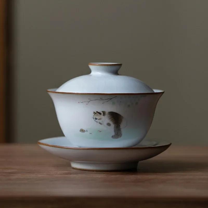 

Traditional Ru Kiln Ceramic Tea Tureen Bowl Handmade Cat Pattern Teacup Travel Portable Gaiwan Home Tea Set Drinkware 160ml 11.5X9CM 160ML