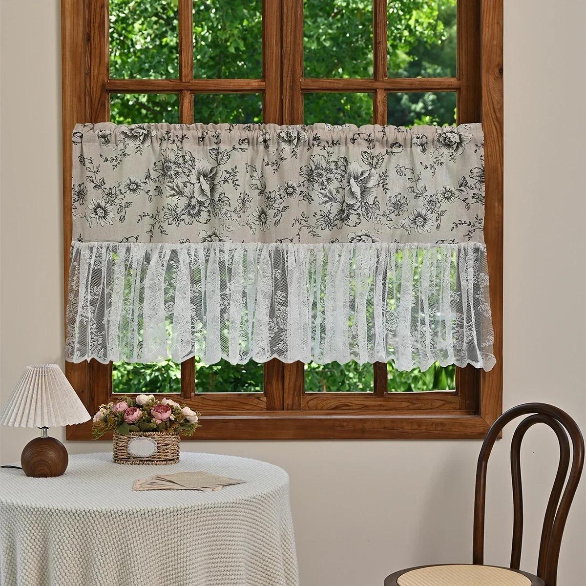 

1pc Peony Flower Short Curtain, Lace Splicing Small Curtains for Kitchen, Bathroom, Living Room, Bedroom, Home Decor 140x50cm&Rod Pocket