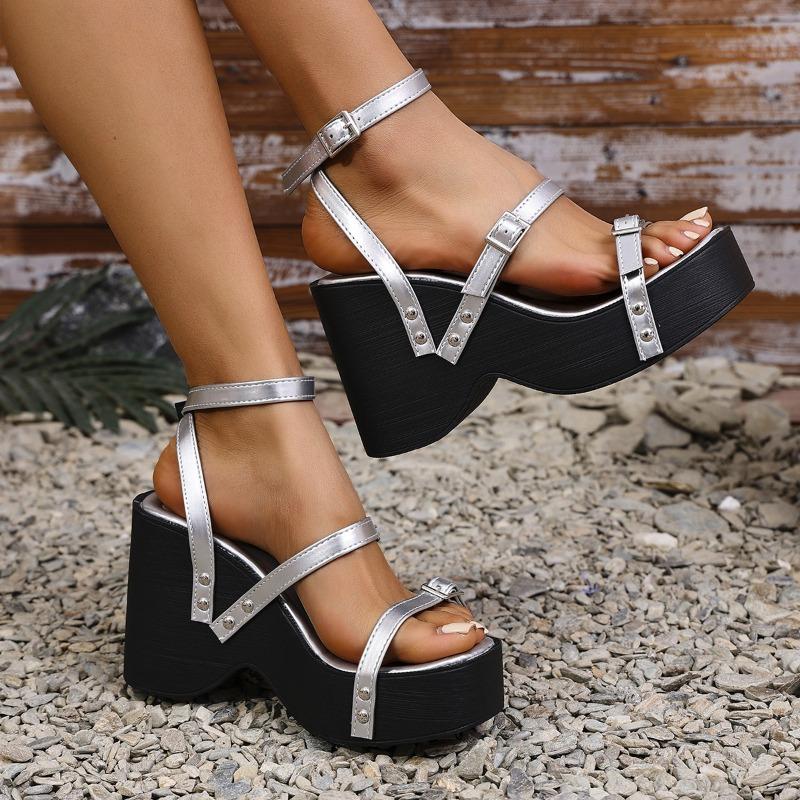 Fashion Women's Sandals Platform Wedges 10cm Super-high Heels Summer Footwear Round Toe Black Silver Gladiator Goth Ladies Sandales