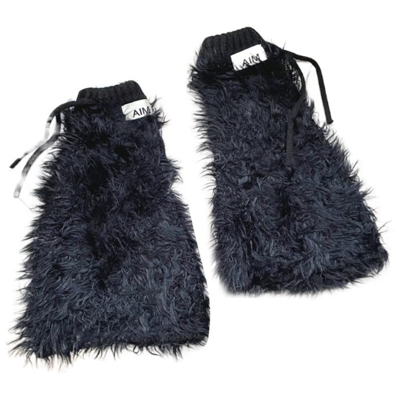 Womens Y2K Girls Winter Furry Leg Warmer wtih Drawstring Harajuku Letter Label Furry Plush Flared Boot Cover Long Socks
