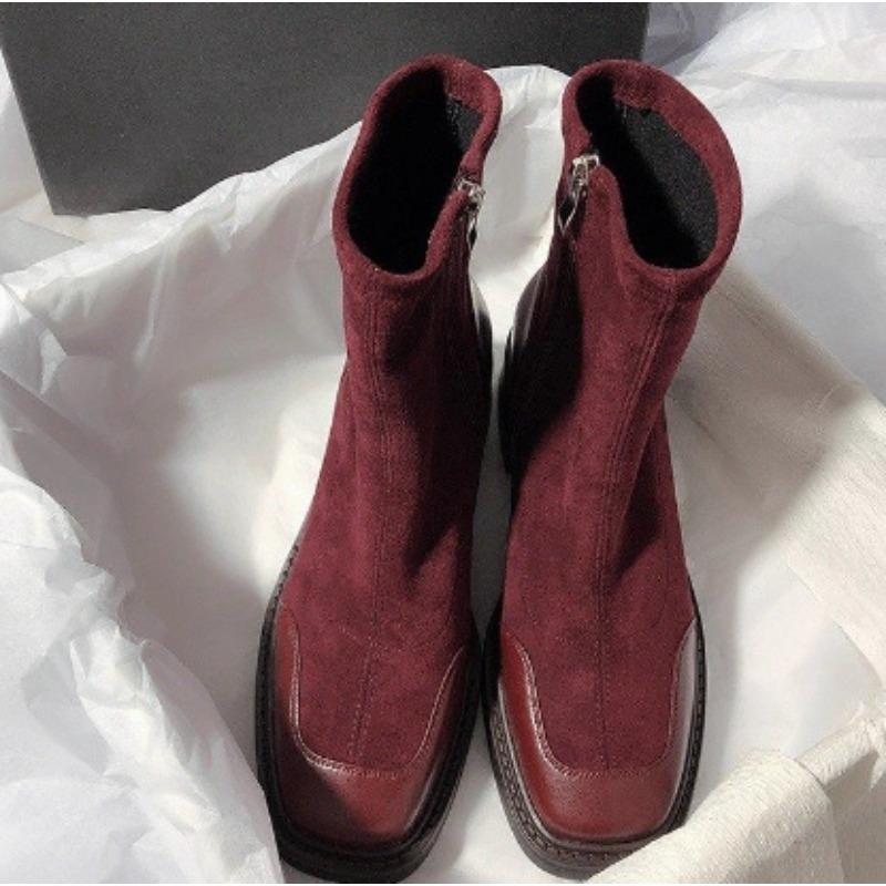 Luxury Faux Suede Leather Patch Stretch Boots Women Side Zipper Design Chunky Heel Ankle Boots Autumn Warm Burgundy Botas Mujer