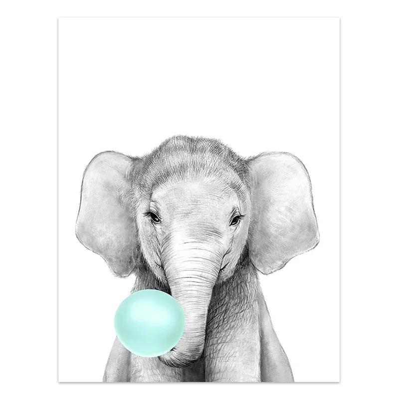 Nordic Kids Room Teal Bubble Elephant Giraffe Child Animal Minimalist Wall Art Print Canvas Painting Posters for Home Decor