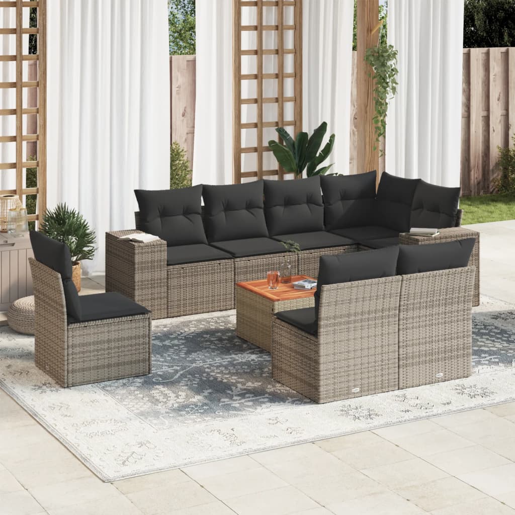 Vidaxl 9-Cz. Garden Furniture Set With Cushions, Grey, Poly Rattan