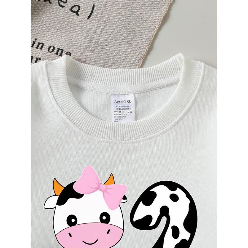 European Sizes Girls' Long-Sleeve Round Neck Sweatshirt "Cute Cow Number Two" Print, Spring/Autumn, Casual, Daily & Sports.