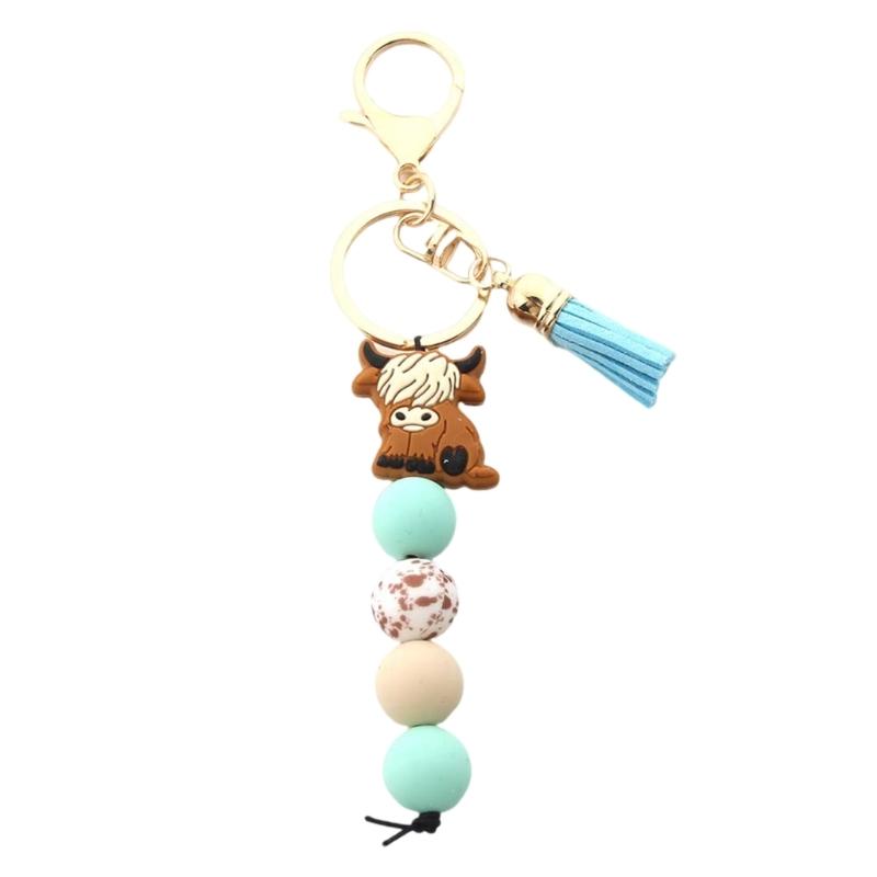 Highland Cow Keychain with Tassels and Silicone Beads Animal Keyring Fashionable Key Holder Pendant for Women and Men