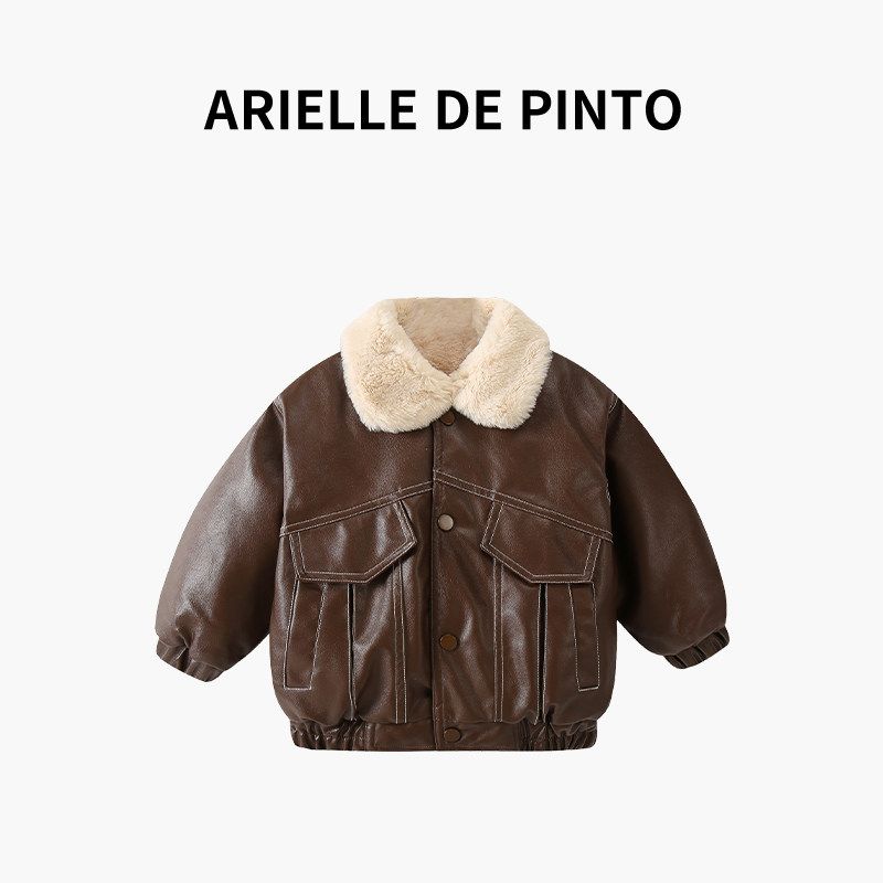 French Arielle De Pinto Boys' Fleece-Lined Leather Jacket, Stylish and Trendy Autumn and Winter Children's Jacket Cotton Coat