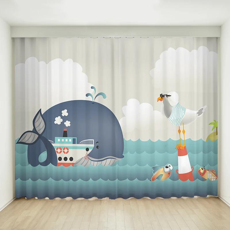 Fashion Modern Simple Cartoon Sailboat Ocean Boy Children's Bedroom Thin Curtain 2 Pieces Grommet Top Hook High Shading New