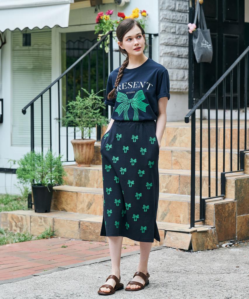 Metapeo Met Ribbon Print Elastic Waist Long Skirt Navy & Green