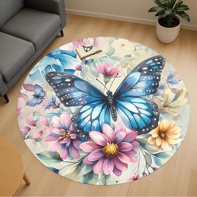 1pc Butterfly Flowers Round Chair Mat Area Rug - Non-Slip, Floor Mat for Office, Bedroom, and Indoor Decor C1125464