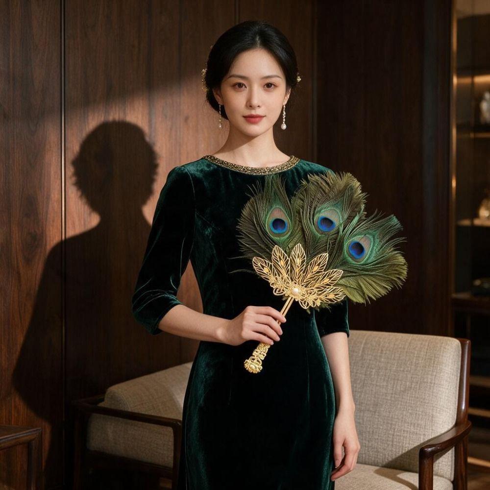 Green Peacock Feather Fan Metal Handle Metal Feather Fan Dance Performance Prop Fan  Dance