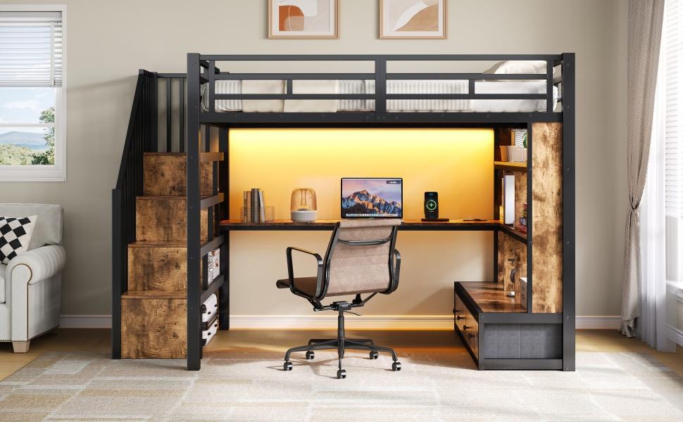 140x200 Metall Hochbett mit Schreibtisch und Regalen, Zwei integrierte Schubladen, Treppe mit Stauraum, Schwarz