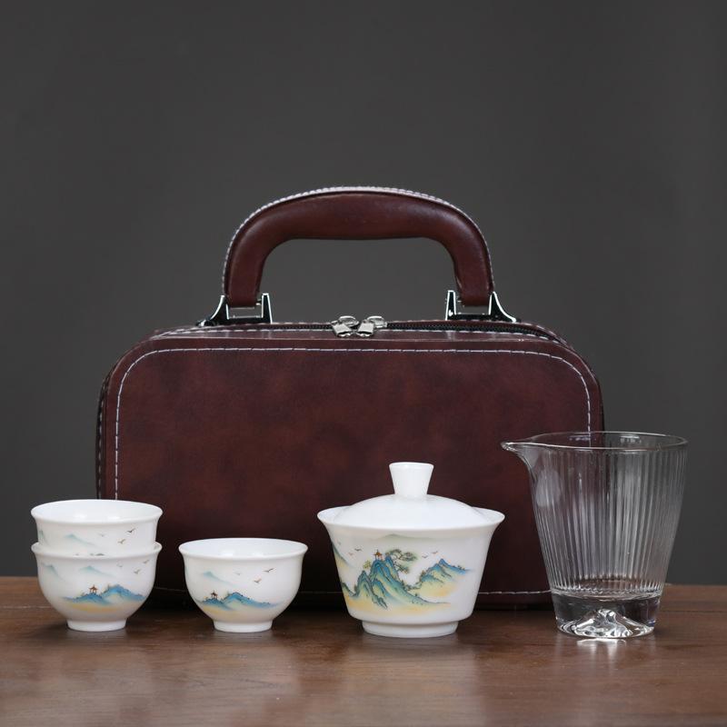 Suet Jade Porcelain High-end Travel Tea Set Cover Bowl Teacup Business Leader Customer Teacher Father Commemorative Gift