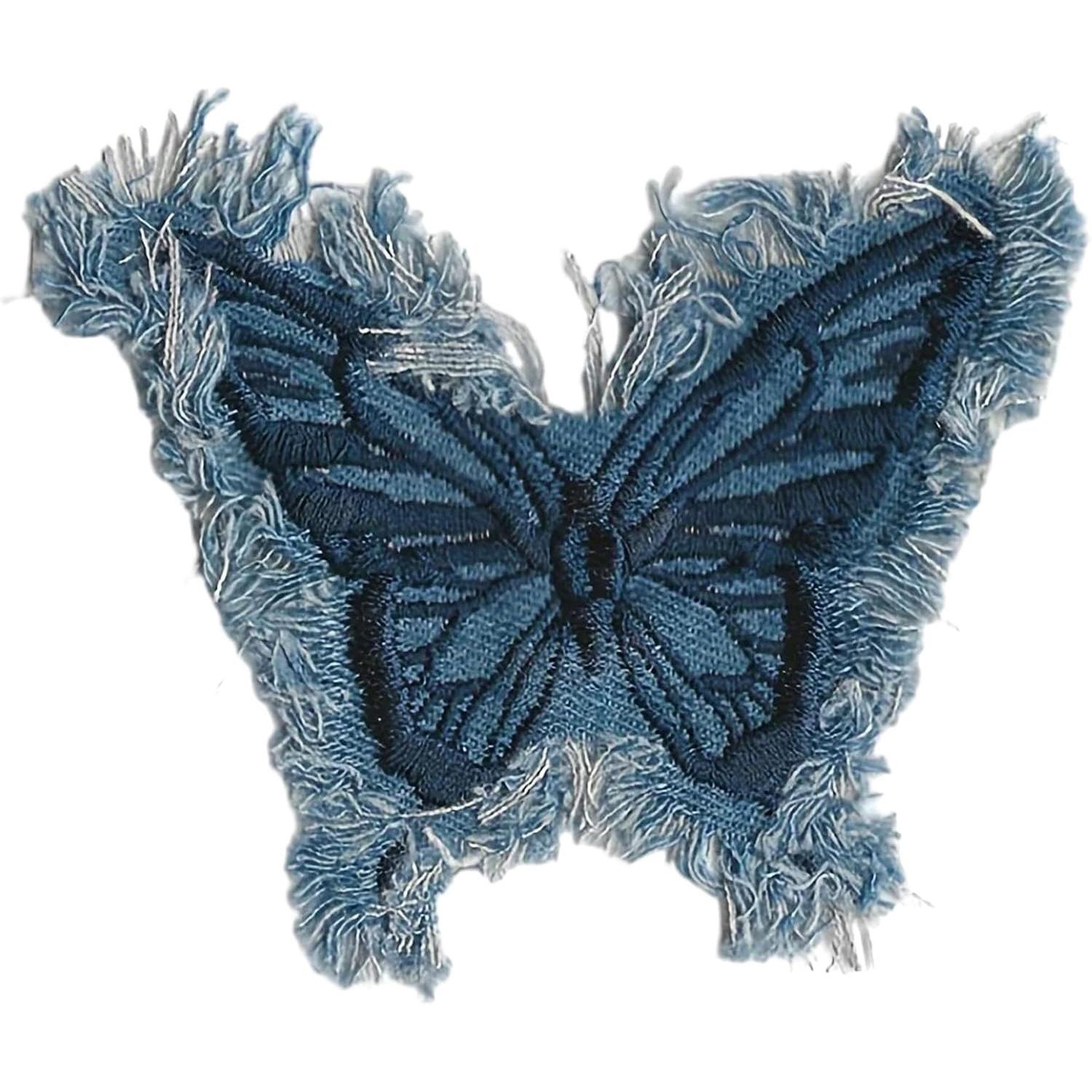 

2Pcs Blue Butterfly Embroidered Denim Patch Tassel Edge Sewing Clothing Bags Accessories
