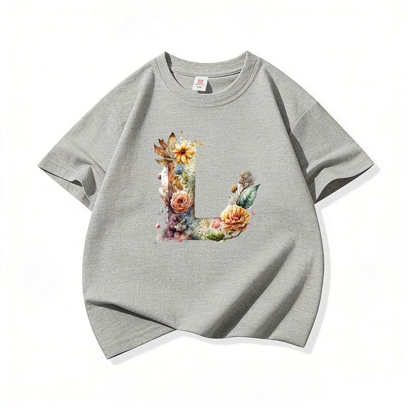 Kids Cotton T Shirt Floral Letter L Print Crew Neck Short Sleeve Tee Casual Boys Girls Summer Tops
