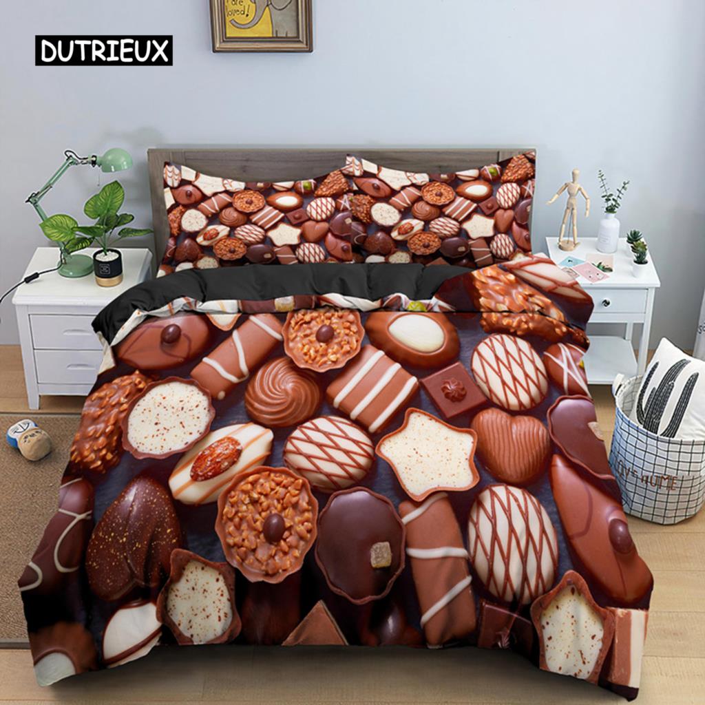 Chocolate Sleep Bedding Package Dessert Candy Bed Cover Comforter Cover Sweet Food Girls Single Size Queen Size King Dimension 2/3pcs Long-lasting