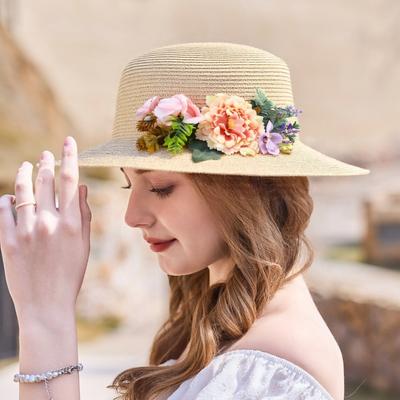 Sommer-Eimerhut Damen gewebter Blumenhut Urlaubs-Visier Sonnenhut