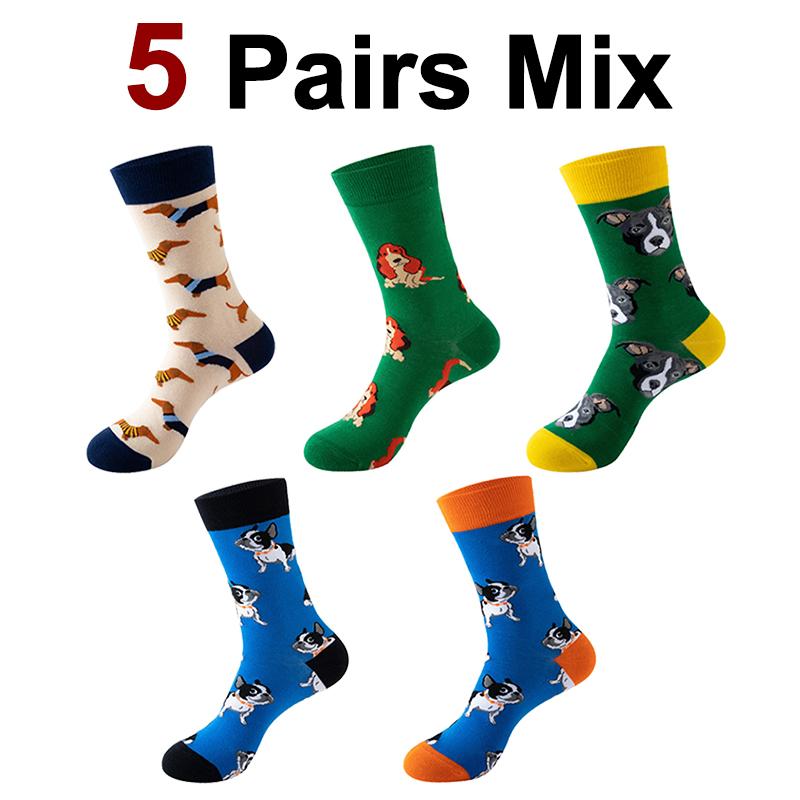 1/5 Pairs Unisex Puppy Print Round Neck Socks Fashionable Animal Soft Comfortable Sweat Absorbing Breathable Cotton Casual Socks