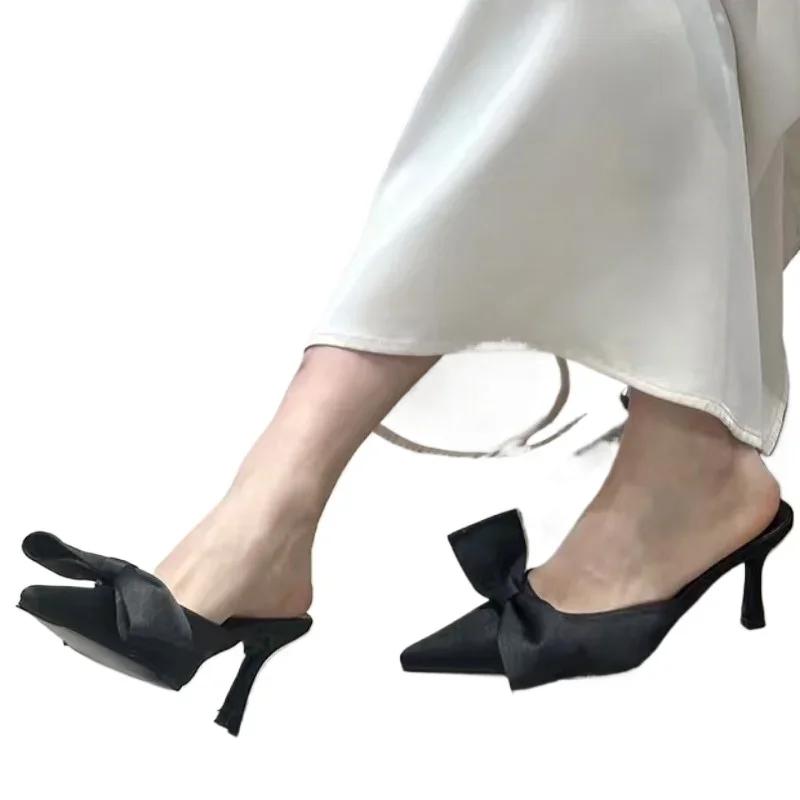 Fashion Summer Women's Slippers Pointed Toe Bow Tie Dress Sandals 2025 New Fashion Closed Toe Thin Heel Elegant Modern Slippers Zapatos