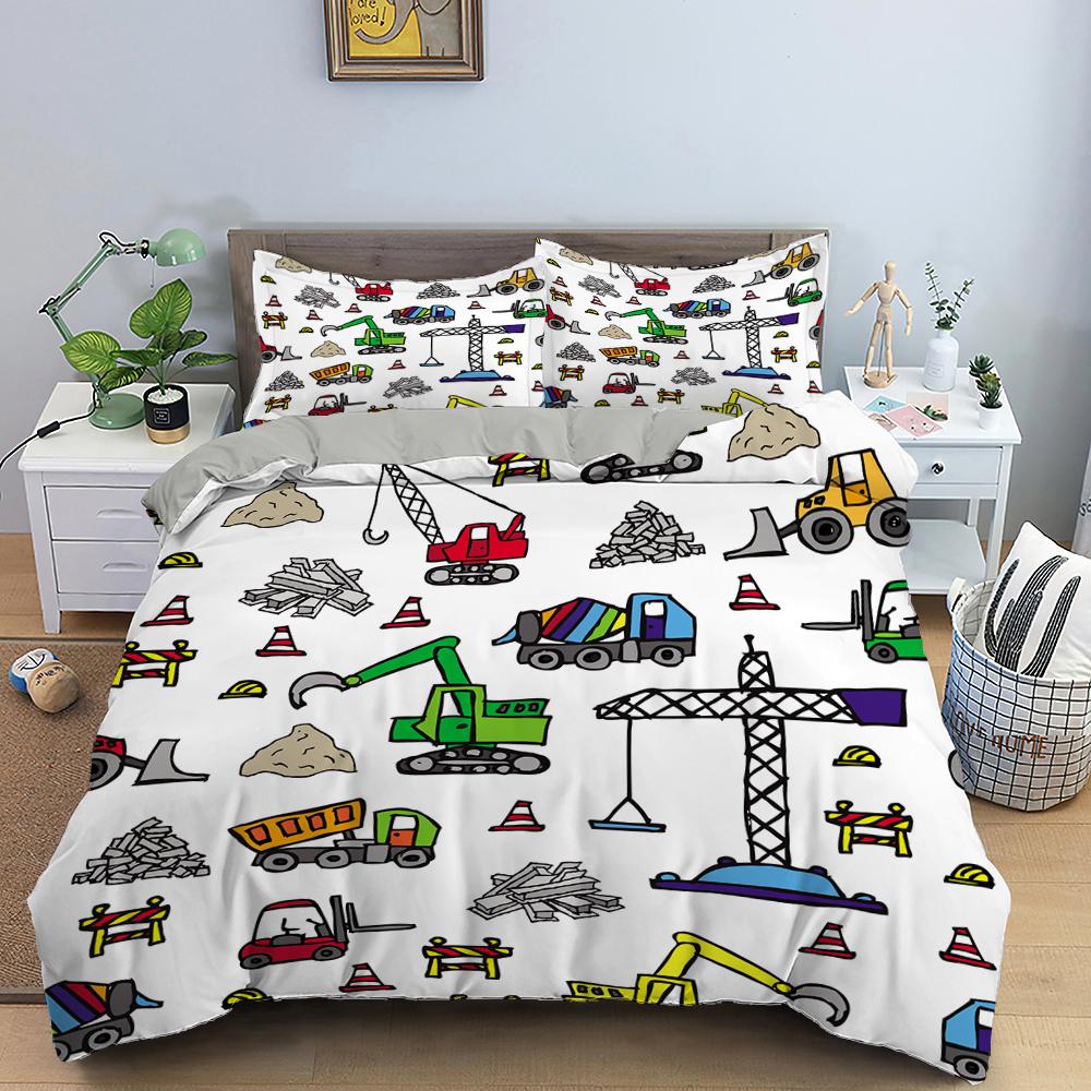 Comforter 2/3Pcs Simple Cartoons Car Bedding Set High Quality Child Excavator Crane Twin Single Full Queen King Size