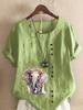 Women's Fashion Elephant Print Casual Cotton Linen Short Sleeve Round Neck T-shirt Shirt Leisure Loose Summer Blouse Tops