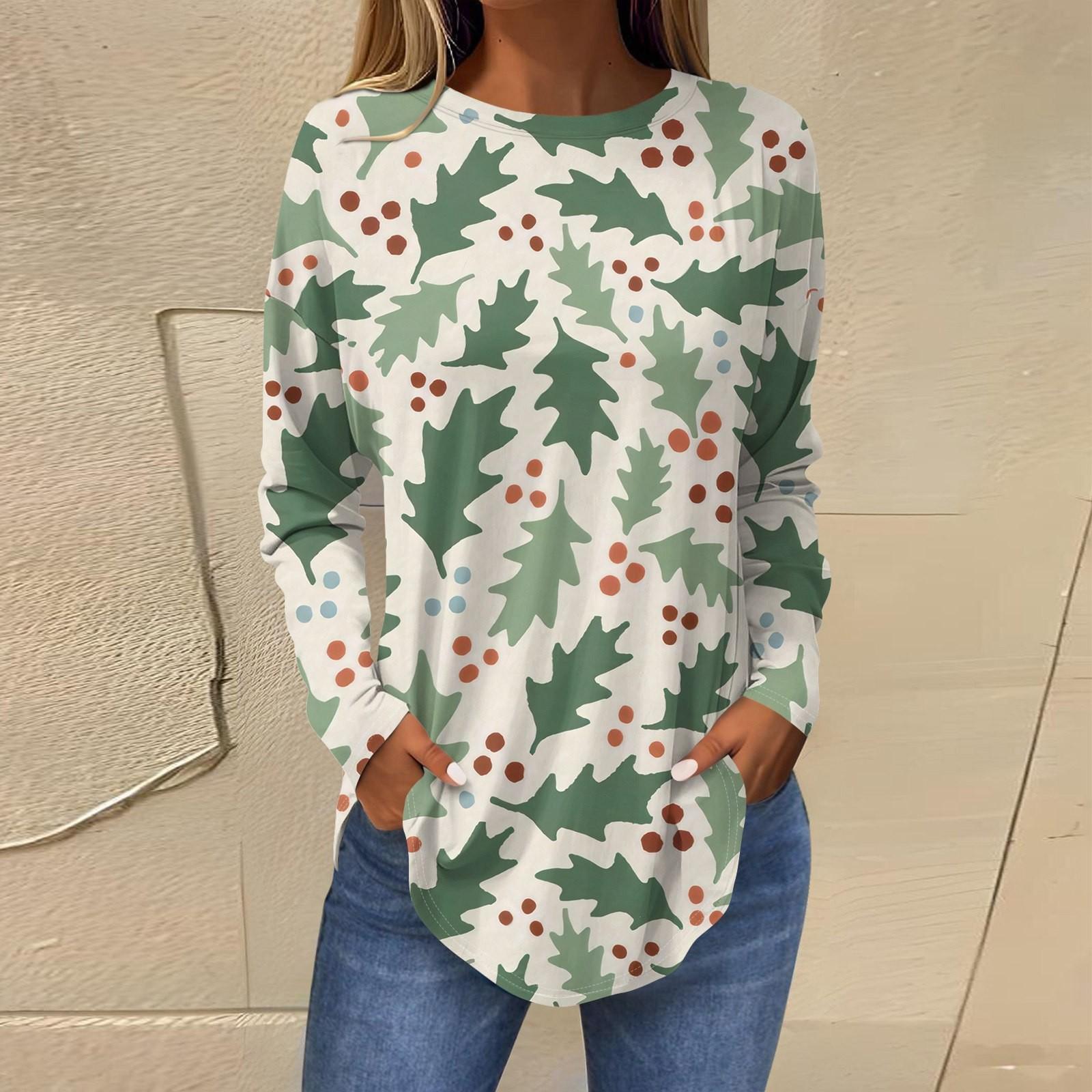 

Футболки для женщин, осенние повседневные рубашки с длинными рукавами, толстовка с ретро-принтом, топ для рождественской вечеринки, пуловер XXXL зелёный