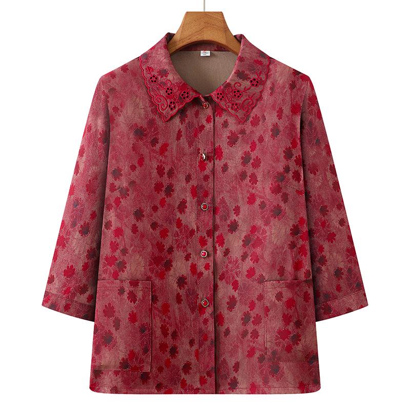 

Women s Grandma-Style Seven-Point Sleeve Printed Top - Loose Fit for Middle-Aged & Elderly 2XL [Recommended for 100-115 lbs] червоний