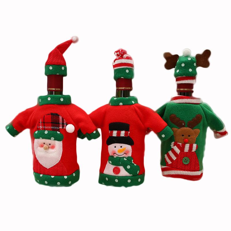 Cartoon Weihnachtsmann Bestickt Weinflasche und Besteckhülle Set - Weihnachtsdekoration