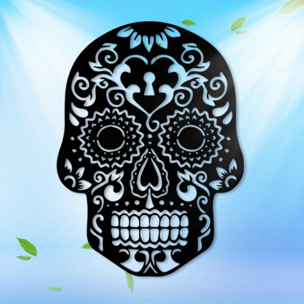 Vintage Sugar Skull Metal Wall Art, Black White Floral Iron Decor, Powder Coated Durable Mural for Living Room Gothic Home, Halloween Christmas Gift