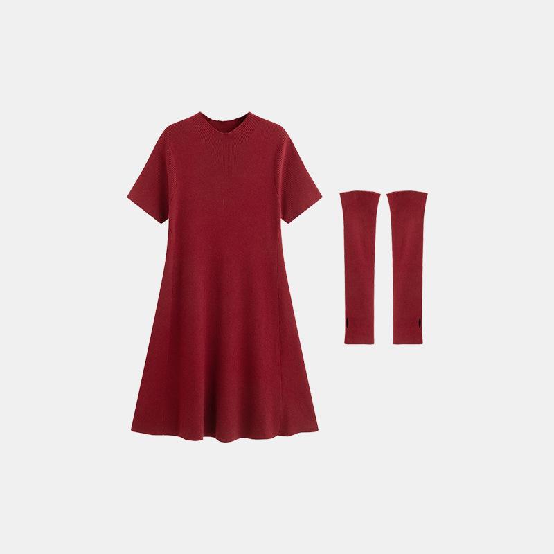 

2025 Winter Plus Size Women s Half-High Neck Mid-Length Knit Dress with Sleeve Cover XXL (150-180 lbs) красный