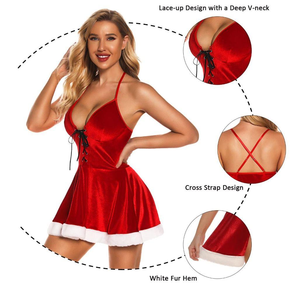 New Year Christmas Dress Transparent Camisole Nightwear Velvet Pajamas Dress Suit  Gifts