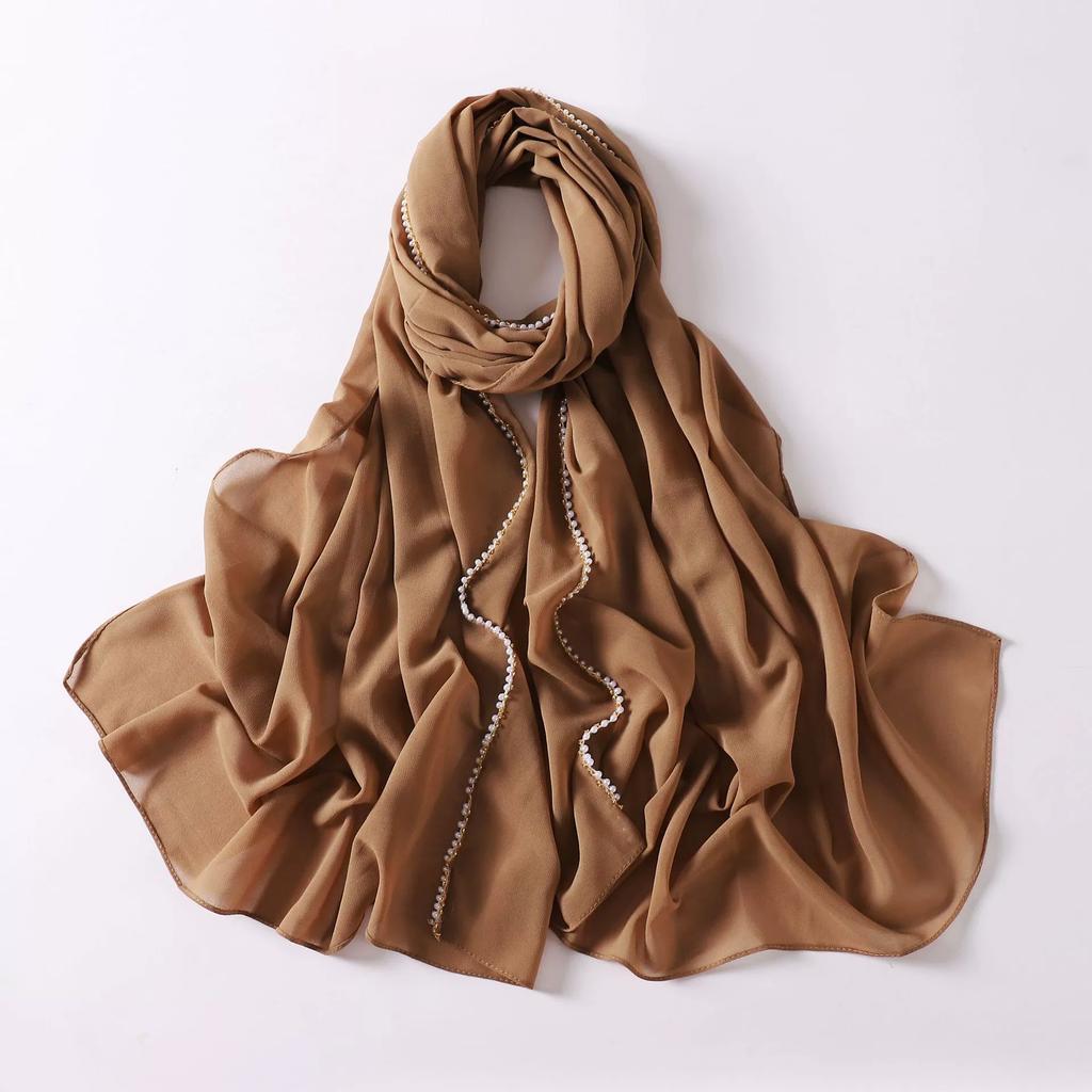 New Pearl Chiffon Hijab Scarf Copper Chain With Black Crystal Pearls Women Muslim Fashion Hijabs For Women Ramadan Turban Femme