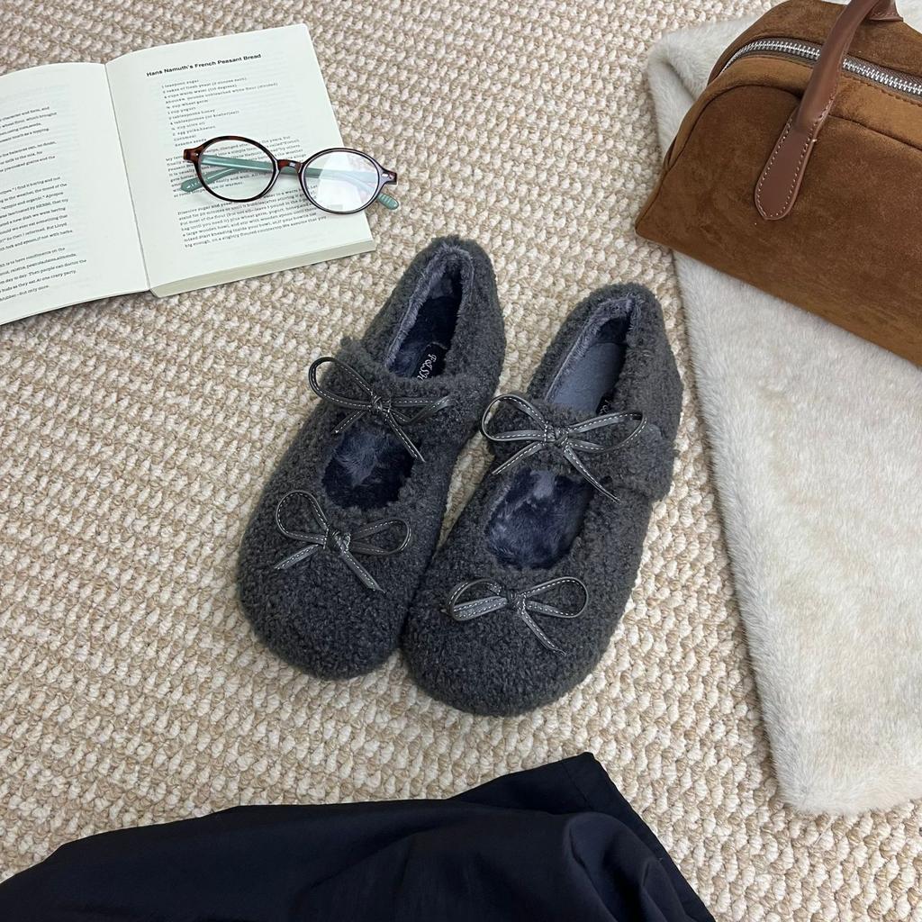 2025 vinter nya runda tå med sammet varma bönor mångsidiga Mary Jane plattform pendlar damskor