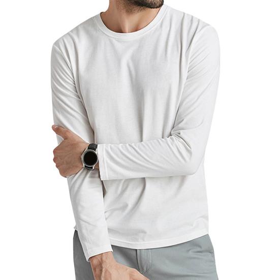Men Fall Spring Top Round Neck Long Sleeves Pure Color Slim Fit
