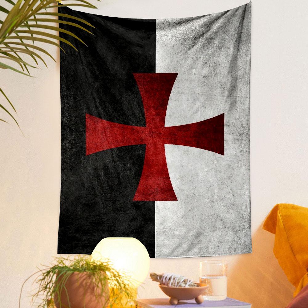 Templar Cross on Black and White Background Patterned Tapestry Decorative Wall Hanging, Home Bedroom Living Room Decor