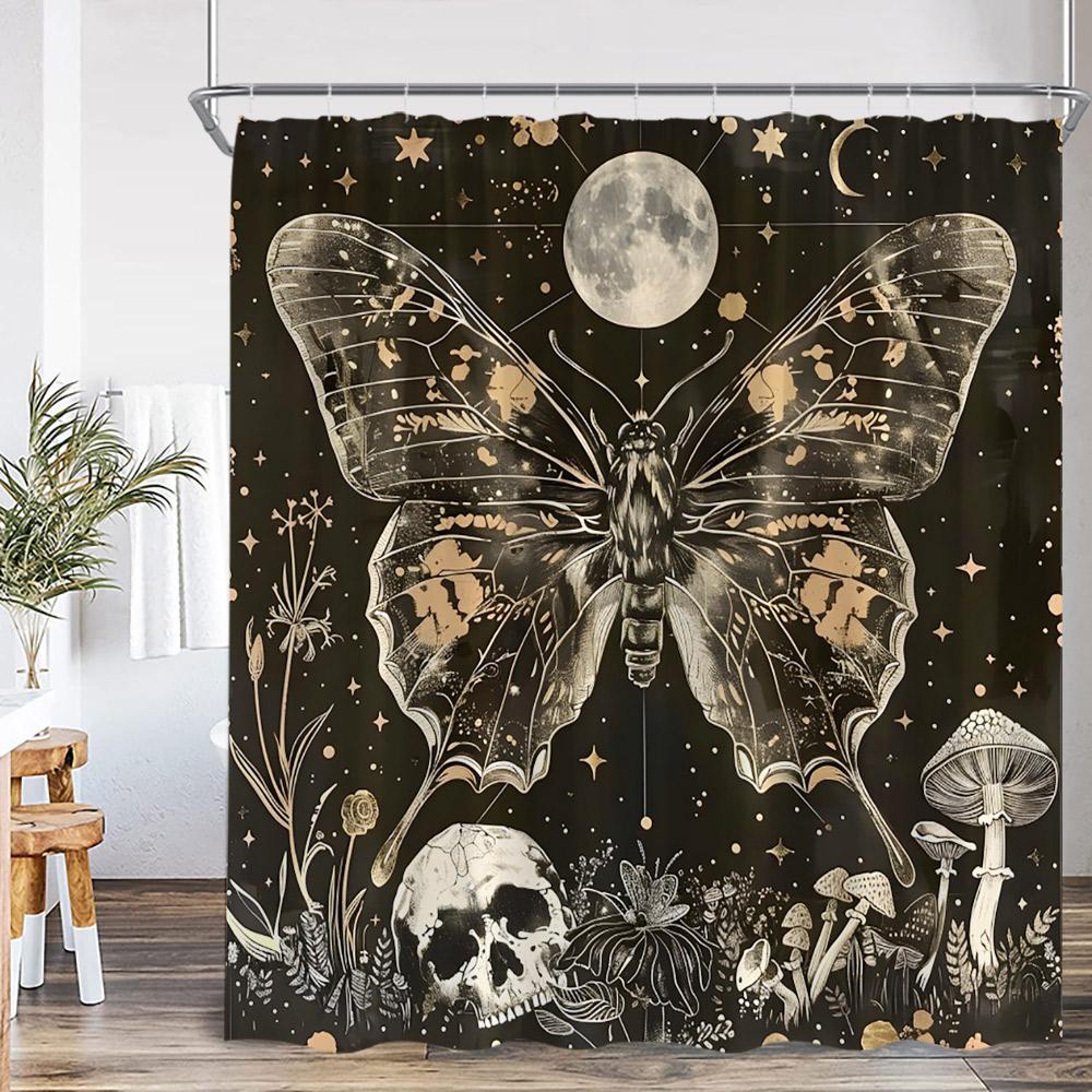 Vintage Butterfly Dragonfly Shower Curtain Flower Skull Mushroom Witch Magic Halloween Bath Decor Retro Polyester Bath Curtain