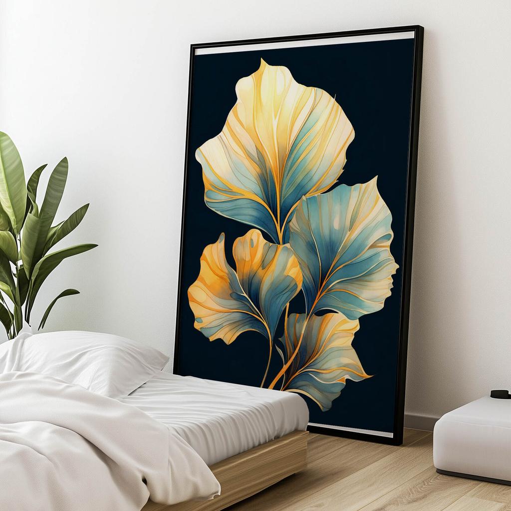 Liście W Akwareli - Ciemny Akwamaryn I Bursztyn Liście W Akwareli - Ciemny Akwamaryn I Bursztyn, 30X40 Cm, Rama Aluminiowa Czarna, Papier Matowy 230 G